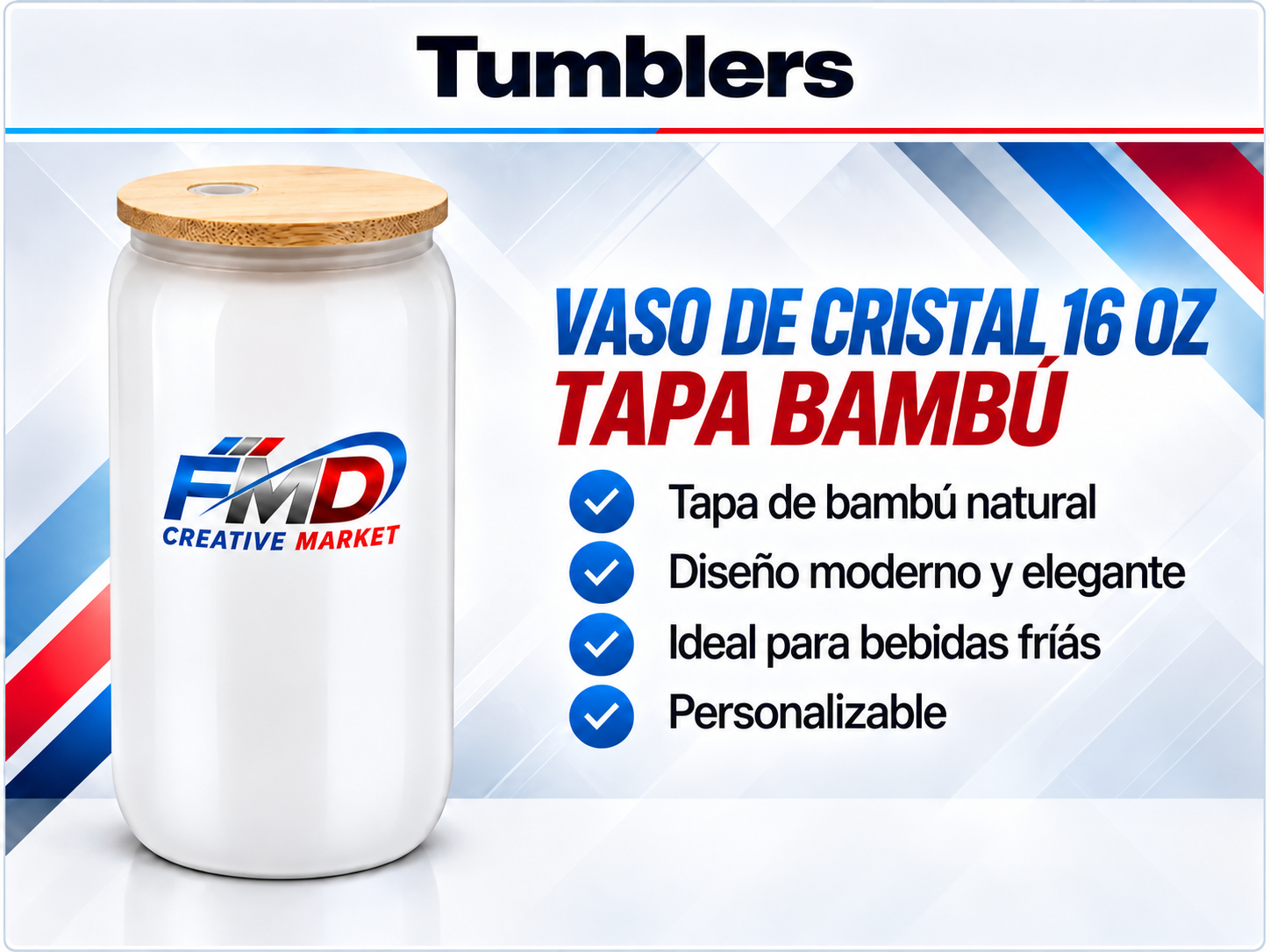 Vaso de cristal16oz con tapa de bambú